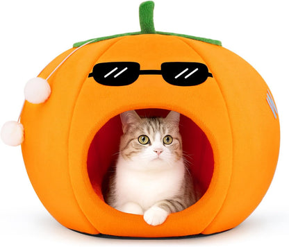 Cute Cat Beds for Indoor Cats, Small Dog Beds, Soft Washable Pet Beds for Kitten and Puppy, Funny Orange Cat Cave, 19 Inches