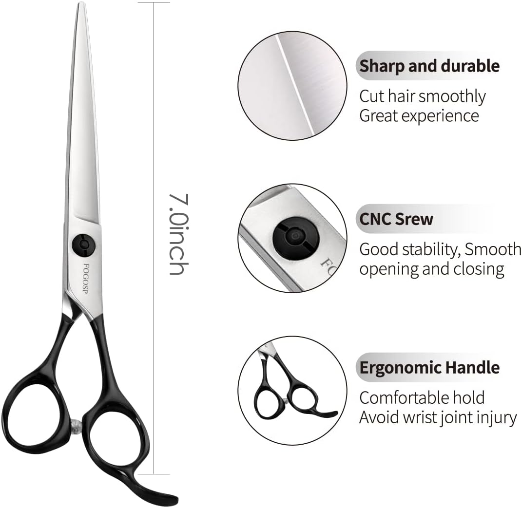 Professional Dog Grooming Scissors Straight 7" Grooming Shears for Cutting Small Pet Cat Thick Hair Japan 440C Stainless Steel Super Sharp Right Handed(7 in Straight, Black)