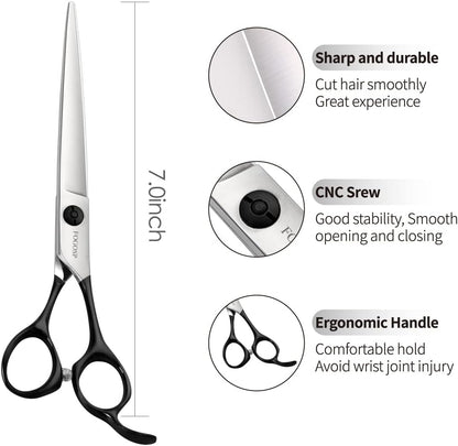 Professional Dog Grooming Scissors Straight 7" Grooming Shears for Cutting Small Pet Cat Thick Hair Japan 440C Stainless Steel Super Sharp Right Handed(7 in Straight, Black)