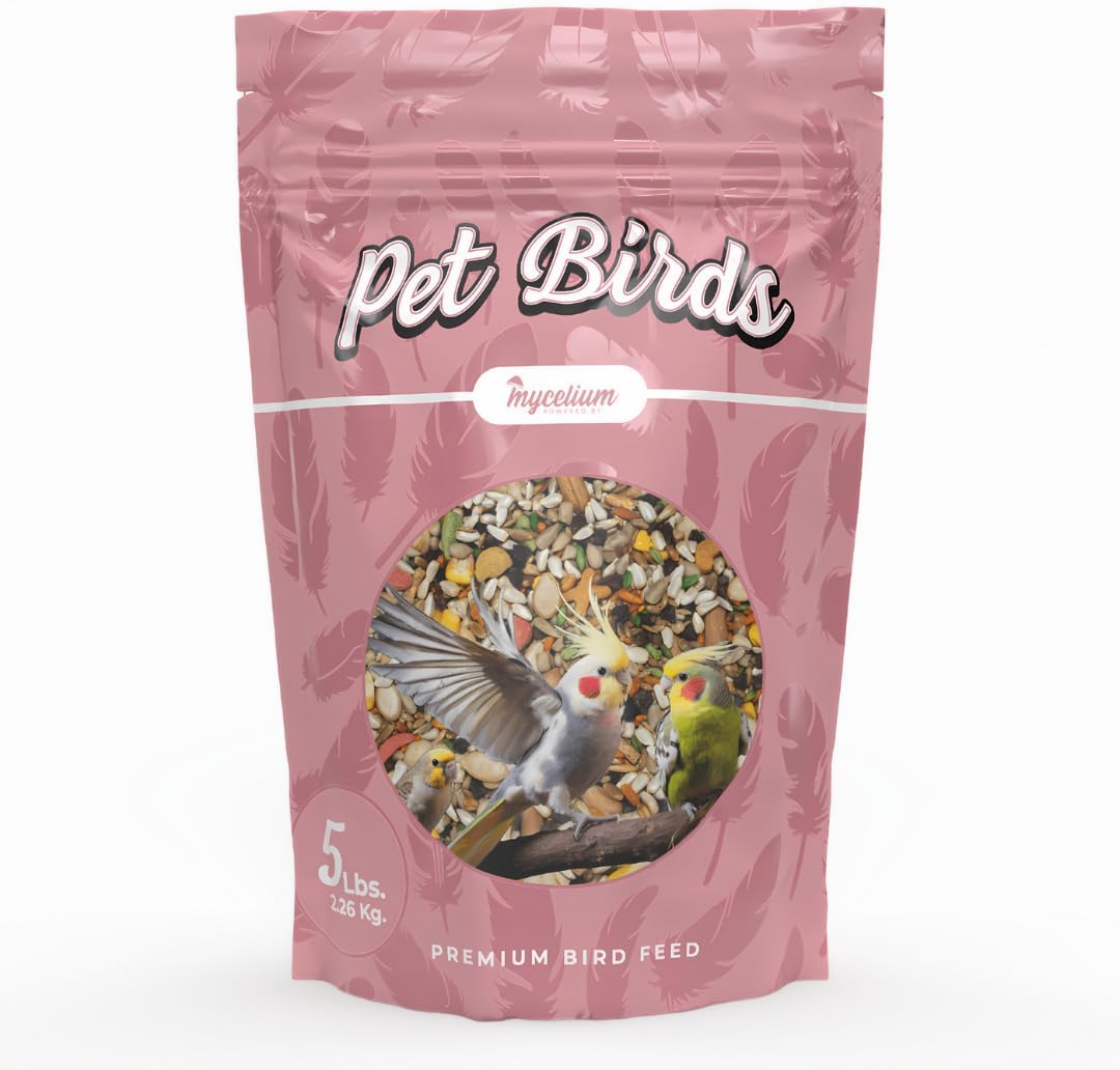 Mycelium Large Pet Bird Food | Clean & Safe Bird Seed Mix for Macaws, Cockatoos, Parrots | High in Protein & Fat with Egg, Corn, Vitamins, Peanuts & Hemp Seed | Organic & Non-GMO 5 lb Bag