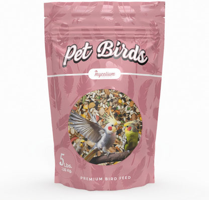 Mycelium Large Pet Bird Food | Clean & Safe Bird Seed Mix for Macaws, Cockatoos, Parrots | High in Protein & Fat with Egg, Corn, Vitamins, Peanuts & Hemp Seed | Organic & Non-GMO 5 lb Bag