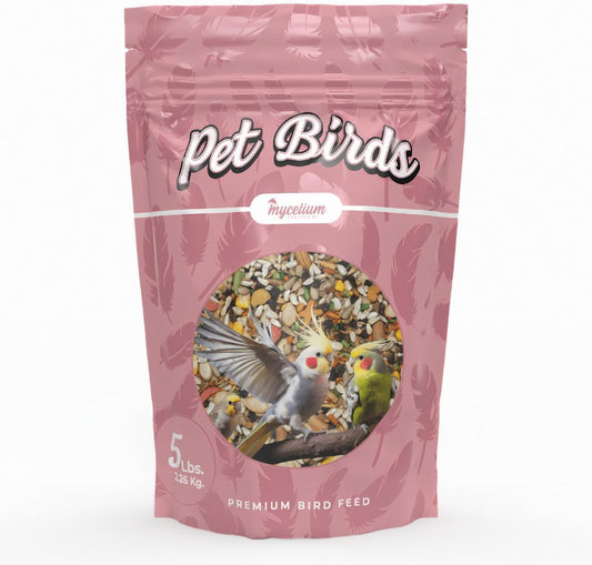 Mycelium Large Pet Bird Food | Clean & Safe Bird Seed Mix for Macaws, Cockatoos, Parrots | High in Protein & Fat with Egg, Corn, Vitamins, Peanuts & Hemp Seed | Organic & Non-GMO 5 lb Bag