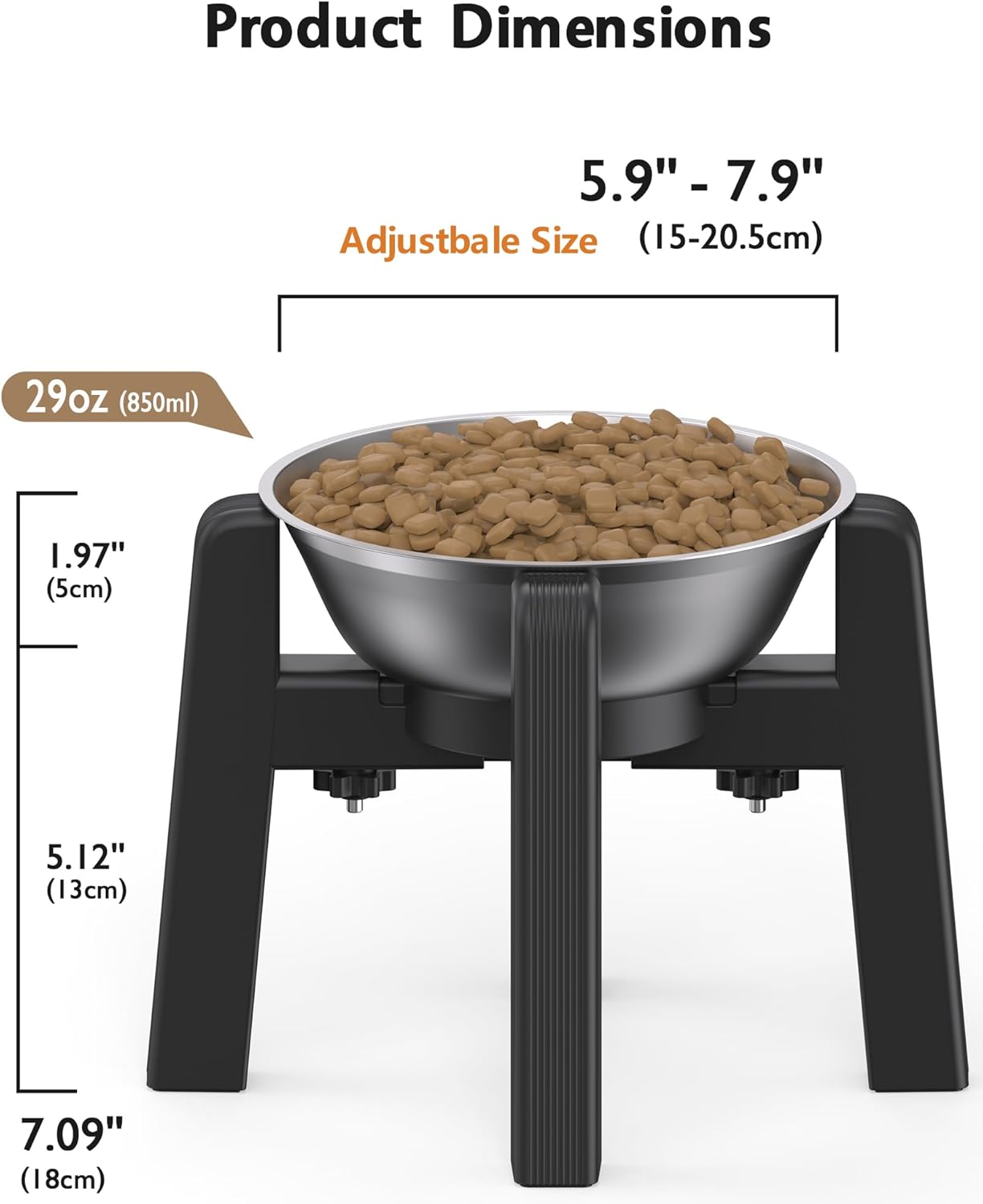 CZPET Elevated Dog Bowl, Raised Dog Bowl Stand with 51oz Stainless Steel Bowl Large Capacity, Size Adjustable & Anti-Slip Stand for Medium Dogs