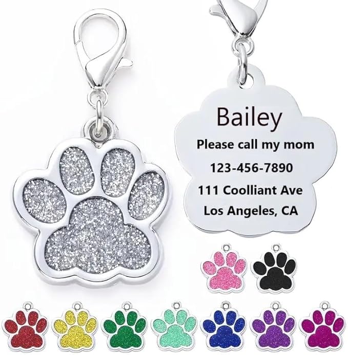 Cute Personalized Pet Name Tags - Glitter Custom Dog/Cat ID Tags, Engraved Paw-Shaped Small: Light Blue