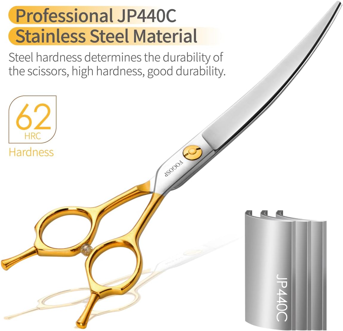 Curved Dog Grooming Scissors Professional 7" Grooming Shears for Dogs Pet Right Handed Groomer Japan 440C Stainless Steel (7 in Curved, Gold)