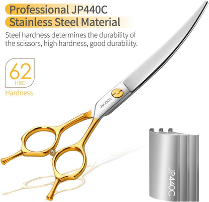 Curved Dog Grooming Scissors Professional 7" Grooming Shears for Dogs Pet Right Handed Groomer Japan 440C Stainless Steel (7 in Curved, Gold)