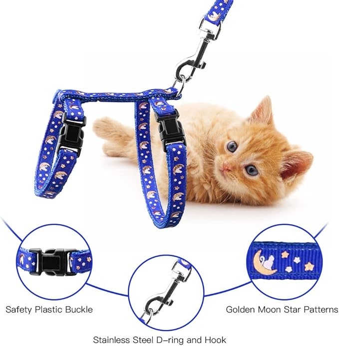 Cat Harness and Leash Set Gold Moons Soft Nylon Escape Proof Adjustable for Kittens Small Animals Glow in The Dark(Blue)