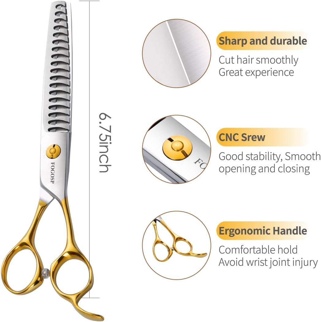 Dog Thinning Shears for Grooming 6.75" Chunker Shears Quickly Thinning Thick Hair Professional Dog Grooming Scissors for Small Dogs Right Handed Groomer Japan 440C 18 Teeth(Chunker, Gold)