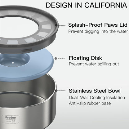 2L No Spill Water Bowl for Dogs, Double-Wall Stainless Steel with Splash-Proof Paws Lid and Floating Disk, Non-Slip Base, Easy to Clean Slow Water Feeder for Small Medium Dogs