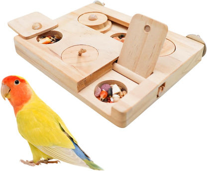 Wooden Bird Foraging Puzzle – Interactive Food Challenge Toy with Sliding Blocks & Locks | Cage-Mounted Enrichment for Budgies, Cockatiels, Conures
