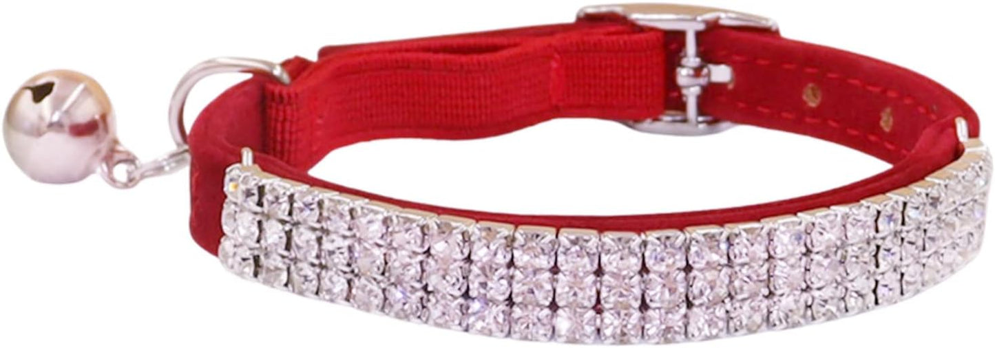 THAIN Rhinestones Cat Dog Collar Soft Velvet Safe Adjustable Collar Bling Diamante with Bells, 8-11 inch for Small Dogs and Cats (Red)