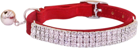 THAIN Rhinestones Cat Dog Collar Soft Velvet Safe Adjustable Collar Bling Diamante with Bells, 8-11 inch for Small Dogs and Cats (Red)