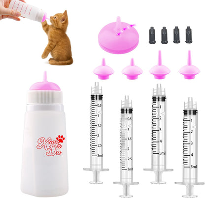 Kitten Bottle Feeding kit with Feeding Nipple and Syringe, Soft Silicone Nursing Pet Feeding Bottle, Ventilation Valve Resistant Tearing for Small Puppies, Kittens, Rabbit (S Nipple-Pink)