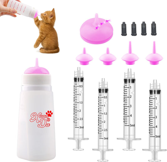 Kitten Bottle Feeding kit with Feeding Nipple and Syringe, Soft Silicone Nursing Pet Feeding Bottle, Ventilation Valve Resistant Tearing for Small Puppies, Kittens, Rabbit (S Nipple-Pink)