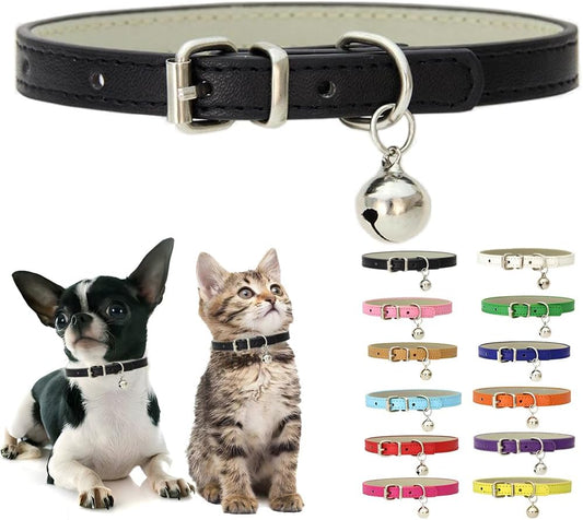 Black XS Dog Collar with Bell, Soft Pu Leather Cat Collars Adjustable Buckle for XXS Extra Small Medium Tiny Male Boys Girls Pets Puppy Kitten Teacup Yorkie X-Small