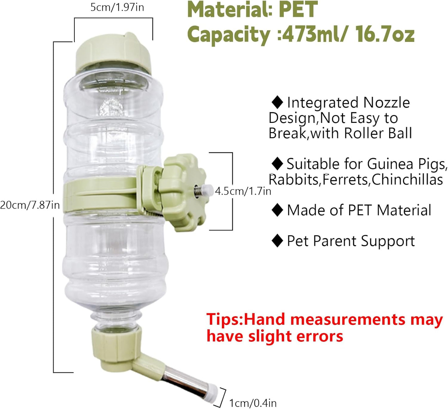 16.7oz Guinea Pig No Drip Water Bottle,Rabbit Hanging Leakproof Water Dispenser,Bunny Automatic Feeder,Ferret Cages Crate Accessories for Bunny Chinchilla Hedgehog Squirrels (Green)