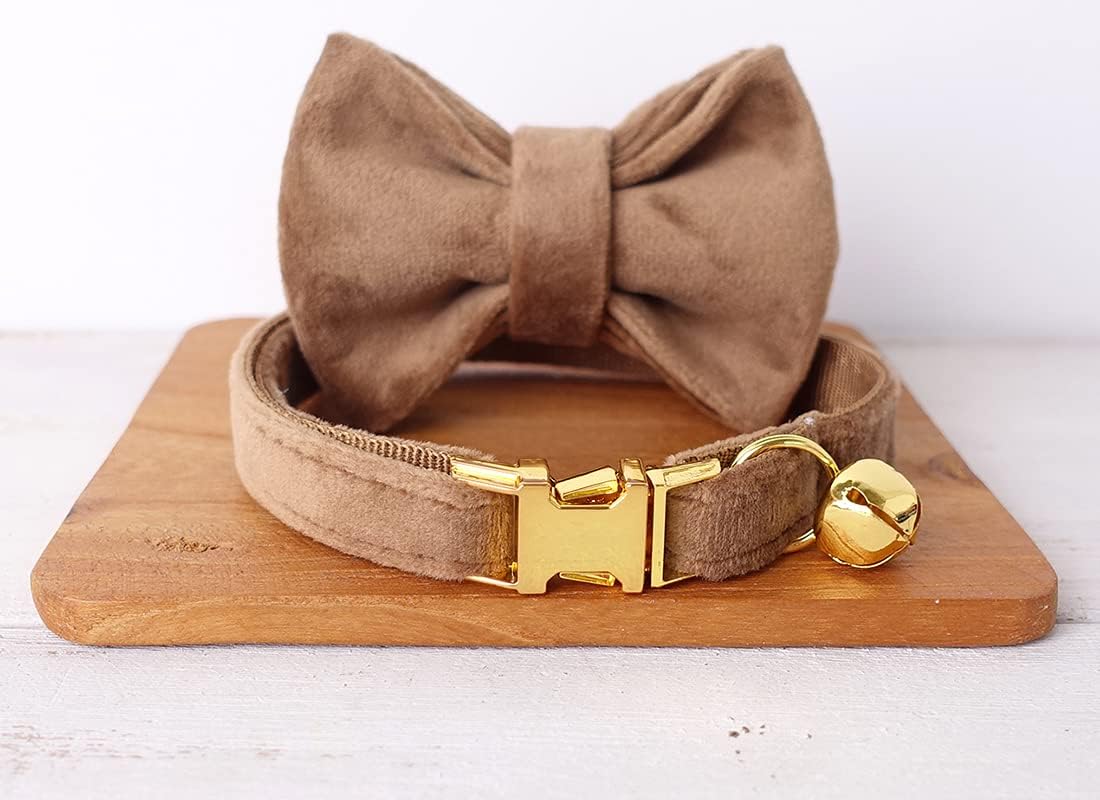 Cat Collar Personalized with Name Engraved and Bell, Customized Velvet Collars for Puppy Kittens (Brown, S)