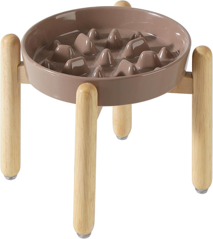 Ceramic 3.2 Cup Dog Raised Slow Feeder Set, Elevated Bowl with Wooden Stand for Large Dog, 9.5inch Slow Feeder Dish for Fast Easters, Anti-Gulping(Brown Coffee, Single Bowl+ Stand)