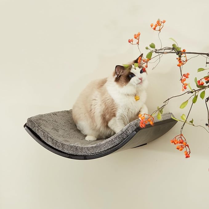 Cat Shelf with Comfortable Cushion - Curved Modern Cat Bed (Large Size) - Lotus Leaf Design Cats Wall Perch - Wall Mounted Cats Furniture for Sleeping, Playing, Climbing, and Lounging, Walnut