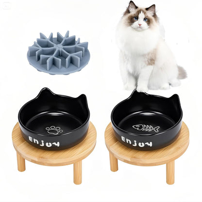 3PCS Elevated Cat Bowls,Wide Raised Ceramic Pet Dishes with Bamboo Stand, Whisker Friendly Pet Water or Food Plates Feeding Station for Indoor Small Dogs, Kitten (Black(2PCS))