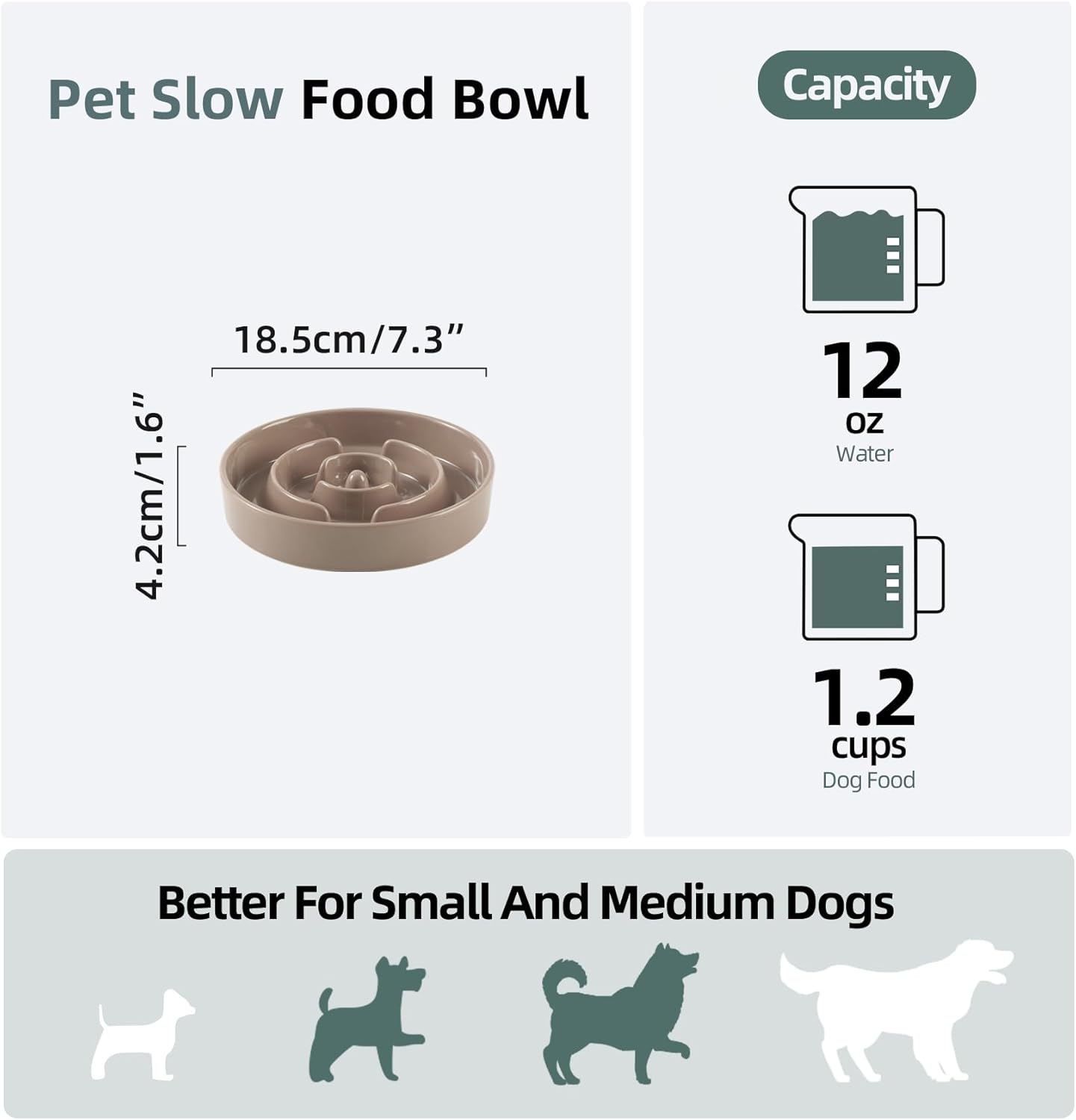 Ceramic 1.2 Cup Slow Feeder Dog Bowl for Medium and Small Breed, 7.3inch Puzzle Dog Food Dish, Anti-Gulping, Stop Bloat, Preventing Choking (Single Bowl-Brown Coffee)