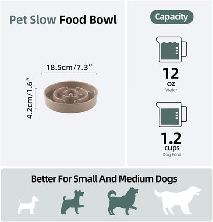 Ceramic 1.2 Cup Slow Feeder Dog Bowl for Medium and Small Breed, 7.3inch Puzzle Dog Food Dish, Anti-Gulping, Stop Bloat, Preventing Choking (Single Bowl-Brown Coffee)