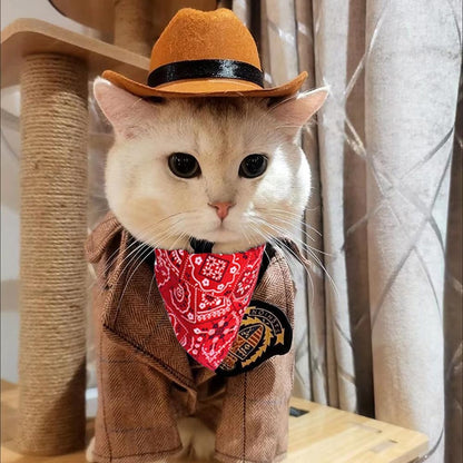 Dog Cowboy Costume Mini Brown Cowboy Hat Pet Bandana Halloween Costume for Cat Size S
