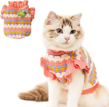 Small Dog Sweater, Knitted Tulip Cat Sweater, Warm Thick Holiday Puppy Clothes for Small Dog Girl,Cold Weather Outfit for Kitten Chihuahua Yorkie Teacup Dachshund Pug (Pink, Large)