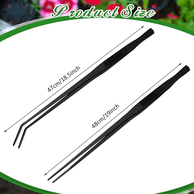 Lasnten 2 Pcs Extra Long Stainless Steel Reptile Feeding Tongs with Rubber Tip Bearded Dragon Aquarium Straight and Curved Long Tweezer Terrarium Feeder Tool for Tank (18.5 Inch, 18.9 Inch,Black)