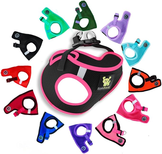 EcoBark Step in Dog Harness - Eco-Friendly Dog Harnesses for for Small & Medium Breed Dogs - Reflective and Adjustable Chest Body Halter Vest -Soft Luxurious Mesh (Black and Pink, XL)