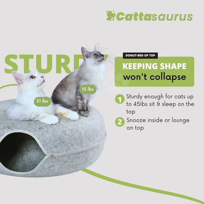 Cattasaurus Peekaboo Cat Cave, Extra Spacious for Multiple & Large Cats 12+ lbs, Scratch Detachable Beds for Indoor Cats, Washable Tunnel Bed, Comfy Cat Donut Tunnel (Light Gray+Light Gray, Jumbo)