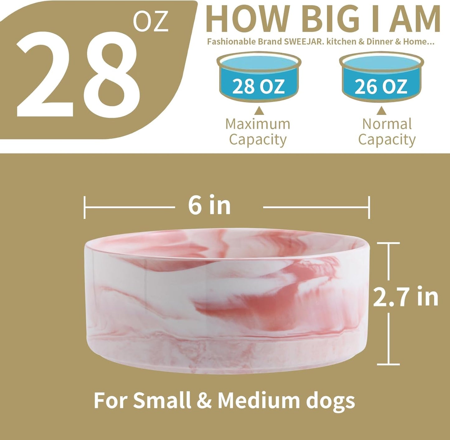 Elevated/Raised Dog Bowl Ceramic for Small Medium Sized Breed,Dog Food Water Bowl with Stand,6 in 3.6 Cups Non Slip Heavy Weighted Marble Pink