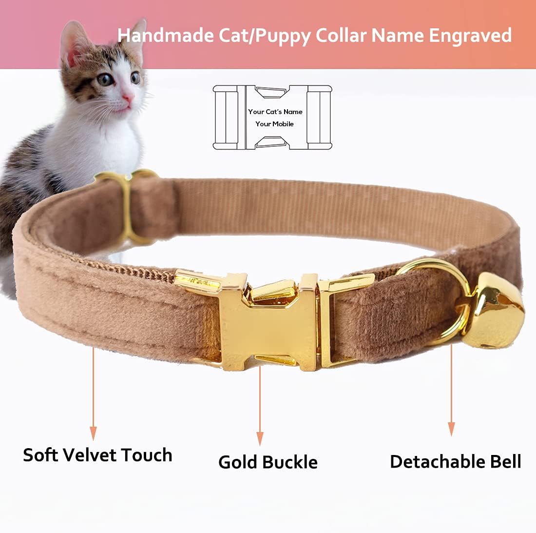 Cat Collar Personalized with Name Engraved and Bell, Customized Velvet Collars for Puppy Kittens (Brown, L)