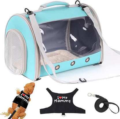 Small Animal Travel Backpack Carrier,Portable Bearded Dragon Bag for Sugar Glider,Hedgehog,Rat,Bunny,Rat,Outdoor Used (Green, Carrier L+ I Leash)