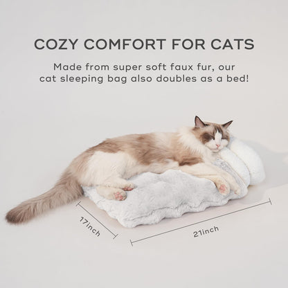 4 in 1 Cat Sleeping Bag Plush Self Warming Cat Bed Snuggle Bag Blanket Mat Cave (Small Cats Up to 15 lbs) White 21 × 17 Inch