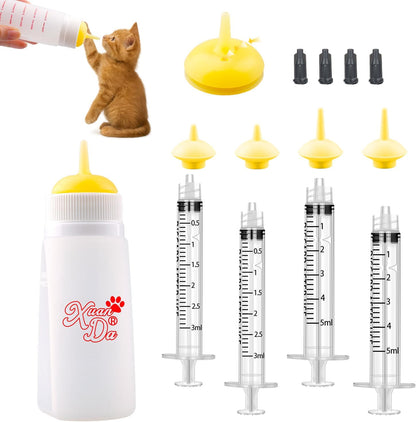 Kitten Bottle Feeding kit with Feeding Nipple and Syringe, Soft Silicone Nursing Pet Feeding Bottle, Ventilation Valve Resistant Tearing for Small Puppies, Kittens, Rabbit (M Nipple-Yellow)