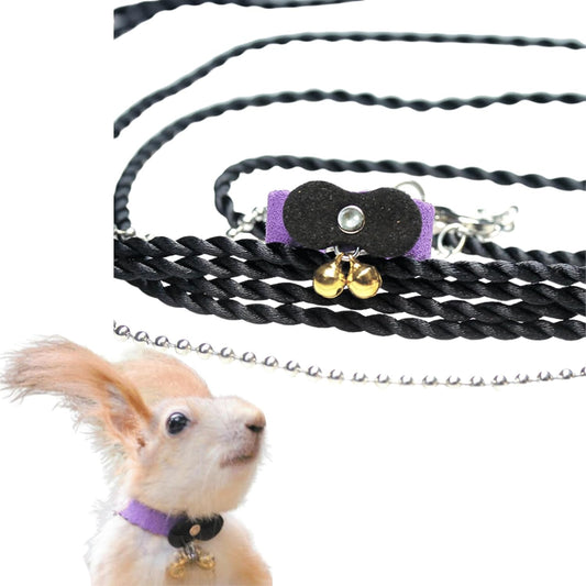 Squirrel Chipmunk Traction Rope Strap Anti-Biting Chain Rope, Small Animal Walking Collar Harness with Lead Leash for Hamster Gerbil Rat Mouse Ferret Chinchilla (Black with Purple)