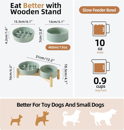 Ceramic 0.9 Cup Raised Slow Feeder Dog Bowl Set, Elevated 5.1inch Bowl and 6.1inch Slow Pet Food Dish with Wooden Stand for Small Dog and Cat (2 x Light Green+ Stand)