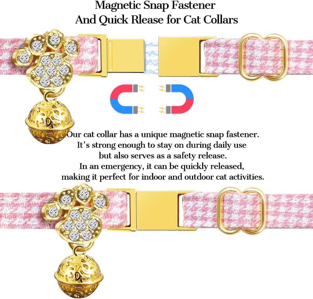 Personalized Breakaway Cat Collars - Magnetic Buckle, Bell - Safety Quick Release, Customized for Girls & Boys Cats- (Houndstooth-Pink)