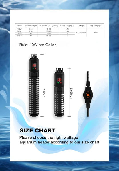 200W Aquarium Heater, Adjustable Thermostat Fish Tank Heater | Auto Shut-Off, Explosion-Proof for Fresh & Saltwater