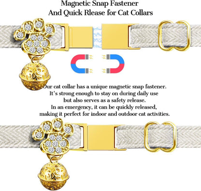 Personalized Breakaway Cat Collars - Magnetic Buckle, Bell - Safety Quick Release, Customized for Girls & Boys Cats- (Herringbone-Oatmeal)