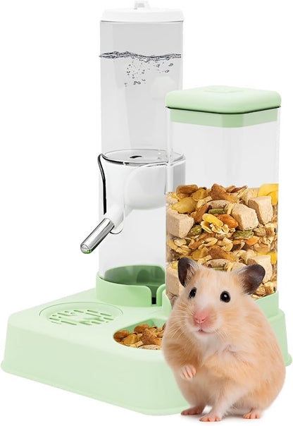 2-in-1 Hamster Water Bottle & Enhanced Food Dispenser - 35% Larger Food Capacity, Leak-Proof Design for Glass Tanks/Wire Cages Small Animal Accessories (Green, 4.9IN+5.1IN+5.7)