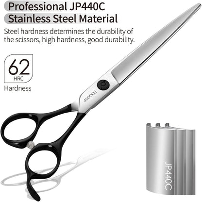 Professional Dog Grooming Scissors Straight 7" Grooming Shears for Cutting Small Pet Cat Thick Hair Japan 440C Stainless Steel Super Sharp Right Handed(7 in Straight, Black)