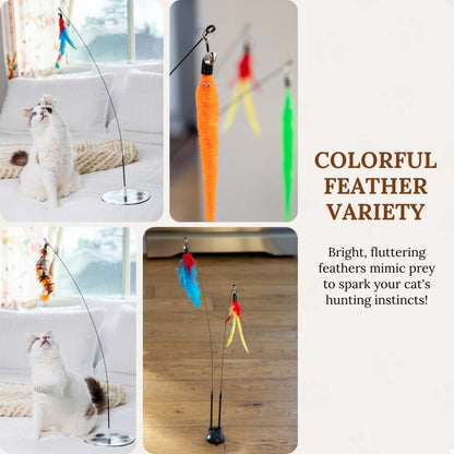 Cat Wand Toy Cat Fishing Pole Toy Cats Feather Toys Suction Cup for Indoor Cats Teaser Wand Feather Attachments Multisurface Base