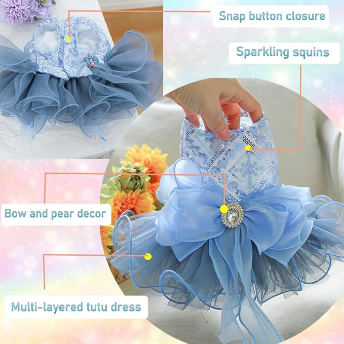 ANIAC Blue Cat Wedding Dress with Bow Knot Dog Wedding Outfit Formal Puppy Clothes for Girl Small Dog Luxury Pet Party Dress for Kitten Chihuahua Yorkie Pomeranian (Blue-2, Large)