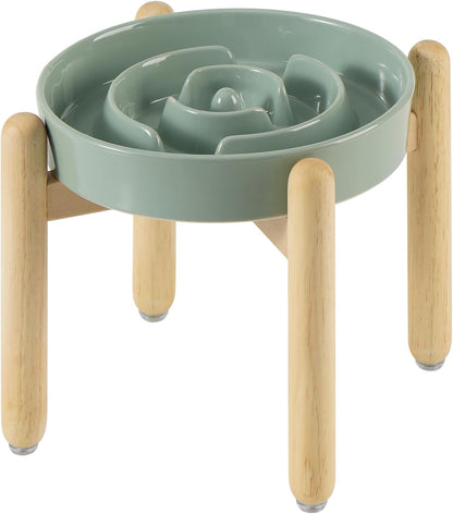 Ceramic 1.2 Cup Raised Slow Feeder Dog Bowl Set, Elevated Wooden Stand for Medium and Small Dog, 7.3inch Puzzle Slow Dish, Preventing Choking(Light Green, Single Bowl+ Stand)