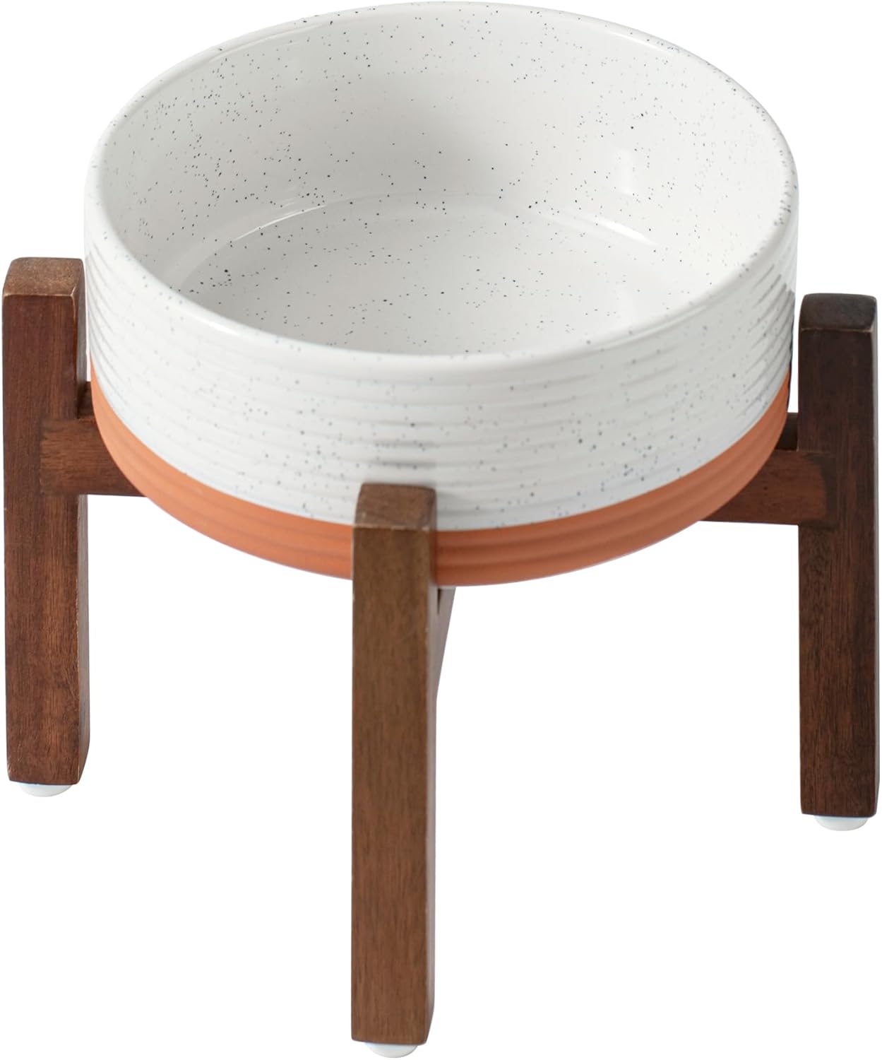 Ceramic 7.3inch Raised Dog Bowl Set, Elevated with Acacia Wood Stand, Food and Water Bowl for Medium Breed Dogs, Weighted Pet Dishes(41oz, Vanilla White)