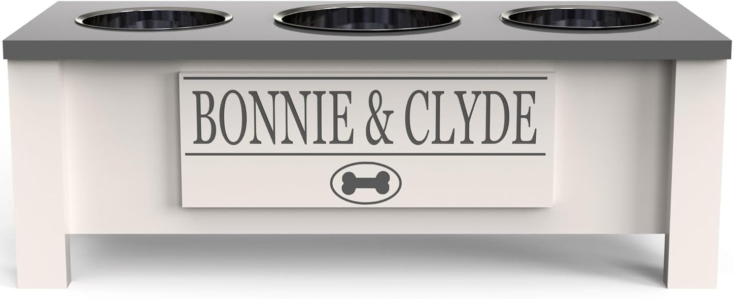 GrooveThis Woodshop - Personalized Elevated Triple Dog Bowl Stand for Large, Medium, Small, X-Small Dogs - 3 Stainless Steel Food and Water Bowls - Raised Dog Dish with Internal Storage (Medium, Grey)