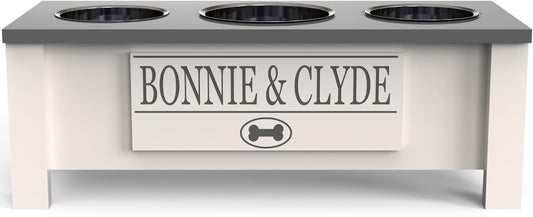 GrooveThis Woodshop - Personalized Elevated Triple Dog Bowl Stand for Large, Medium, Small, X-Small Dogs - 3 Stainless Steel Food and Water Bowls - Raised Dog Dish with Internal Storage (Medium, Grey)