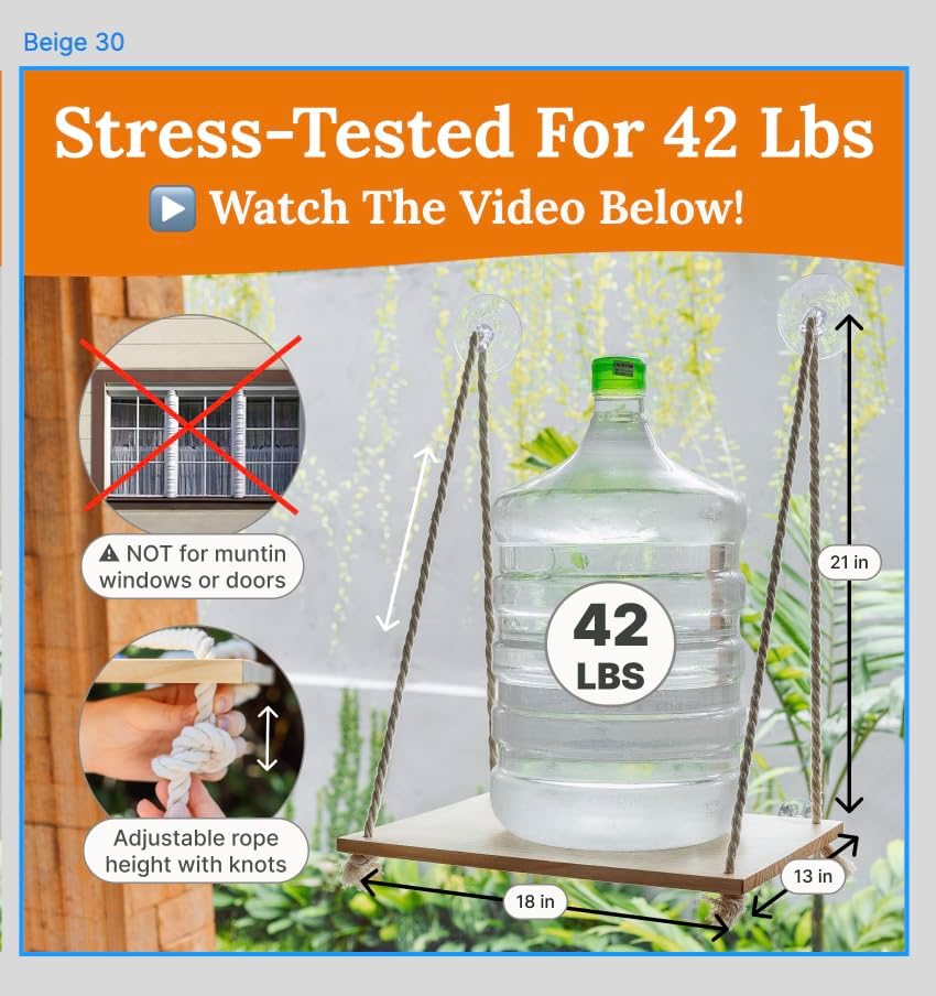 Cat Window Perch - Hammock Bed for Cats Inside - Solid Wood Seat, 4 Strong Suction Cups, Soft Cushion - Rustic Indoor Pet Shelf